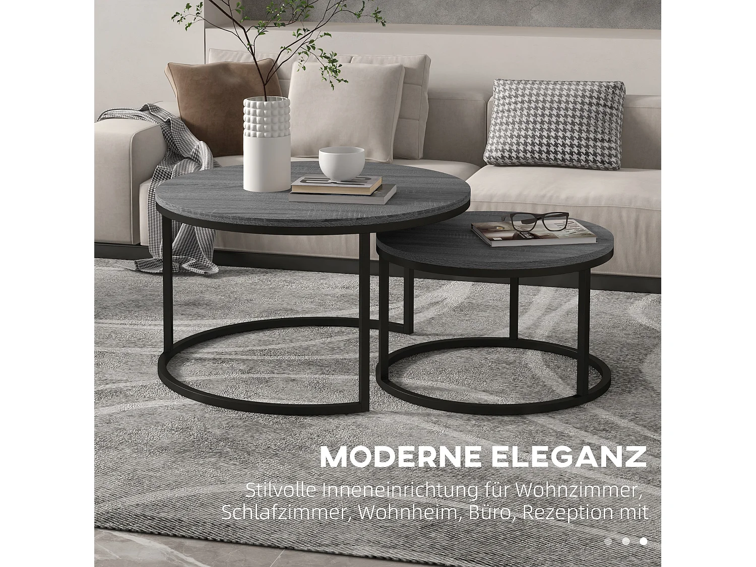 Table basse ronde 2 pièces empilable avec cadre en métal, table d'appoint en bois, pour salon et chambre, noir (78.5x78.5x46.5 cm)