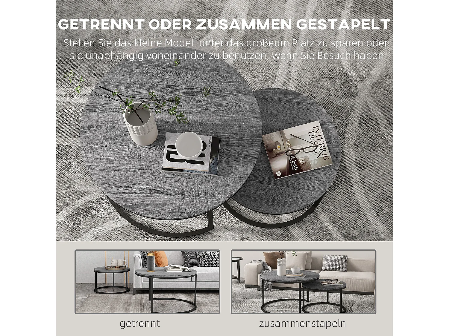 Table basse ronde 2 pièces empilable avec cadre en métal, table d'appoint en bois, pour salon et chambre, noir (78.5x78.5x46.5 cm)