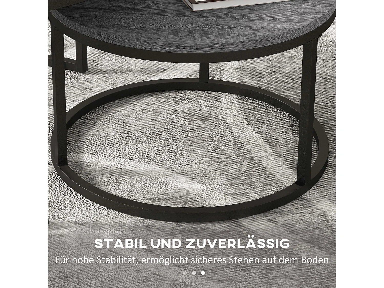 Table basse ronde 2 pièces empilable avec cadre en métal, table d'appoint en bois, pour salon et chambre, noir (78.5x78.5x46.5 cm)