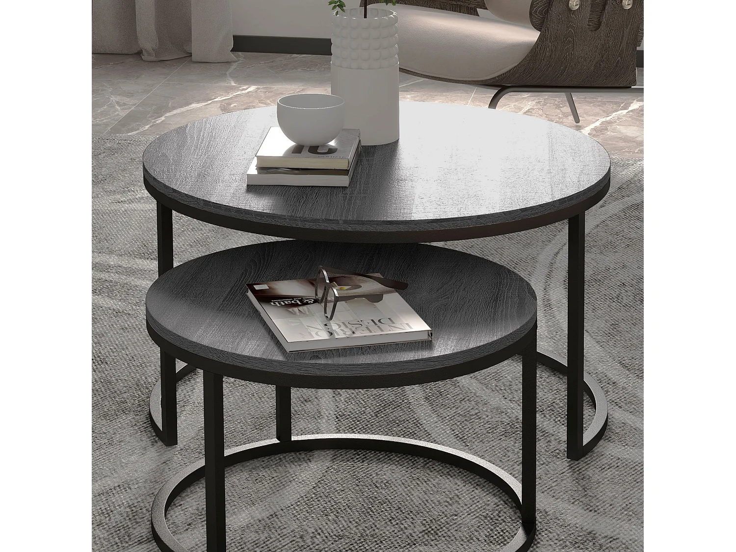 Table basse ronde 2 pièces empilable avec cadre en métal, table d'appoint en bois, pour salon et chambre, noir (78.5x78.5x46.5 cm)