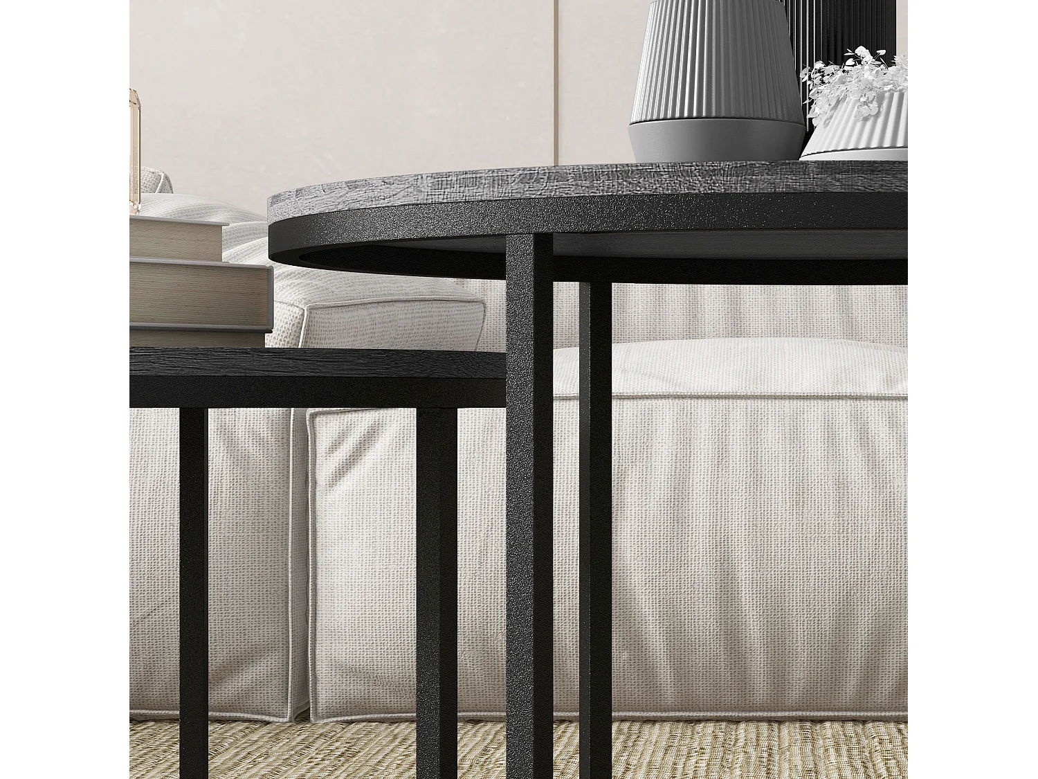 Table basse ronde 2 pièces empilable avec cadre en métal, table d'appoint en bois, pour salon et chambre, noir (78.5x78.5x46.5 cm)