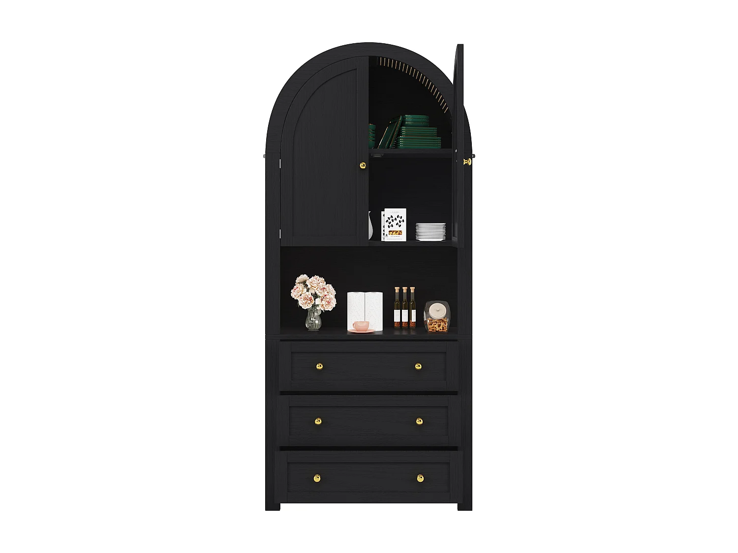 Armoire de rangement haute avec portes incurvées et tiroirs, étagères ouvertes, MDF, noir (70x35x180 cm)