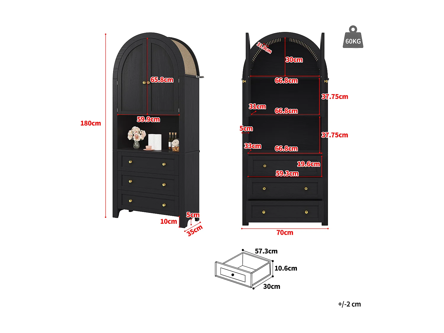 Armoire de rangement haute avec portes incurvées et tiroirs, étagères ouvertes, MDF, noir (70x35x180 cm)