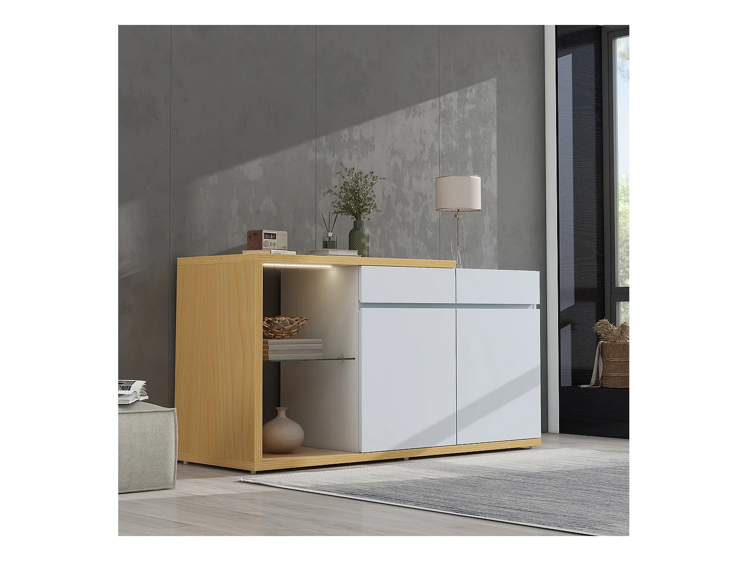 Buffet LED, multifonction, 2 portes, 2 tiroirs, bois et métal, blanc et chêne (120x40x70 cm)