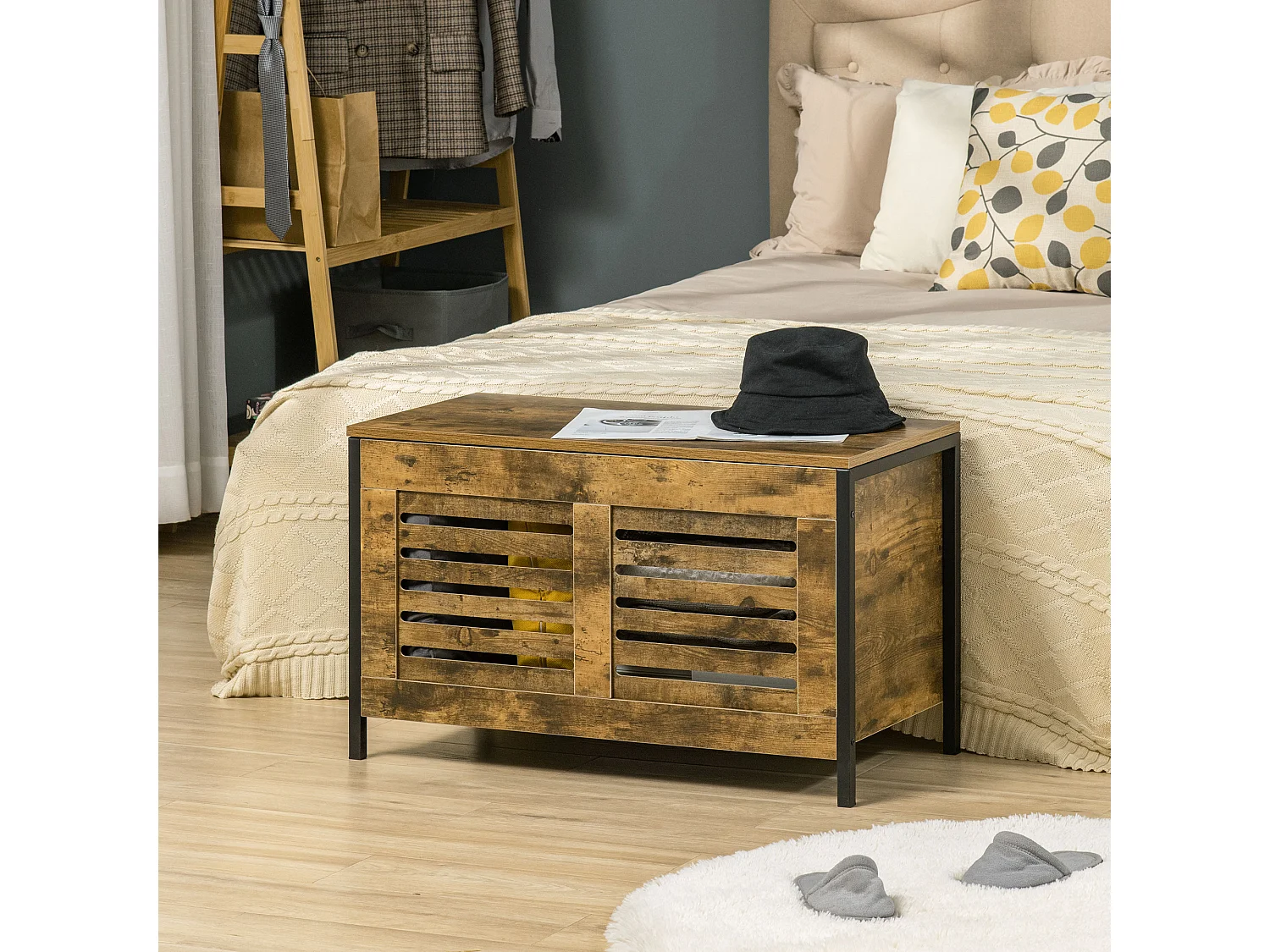 Panca contenitore in stile industriale, truciolato e acciaio, marrone rustico (80x40x49cm)