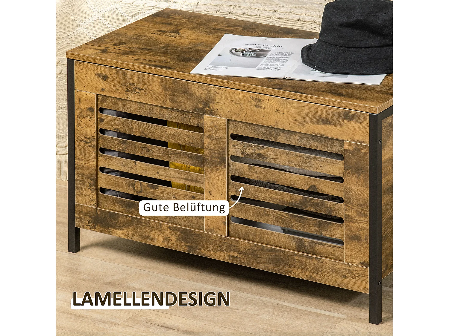 Panca contenitore in stile industriale, truciolato e acciaio, marrone rustico (80x40x49cm)