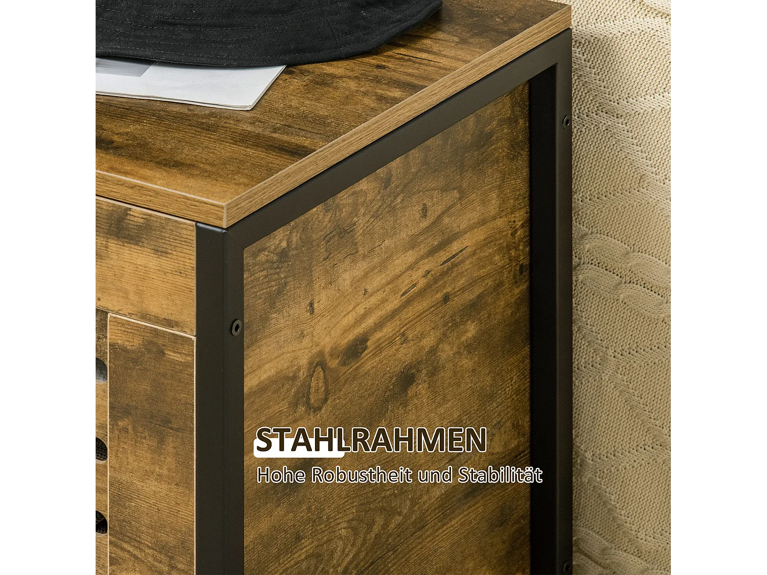 Panca contenitore in stile industriale, truciolato e acciaio, marrone rustico (80x40x49cm)