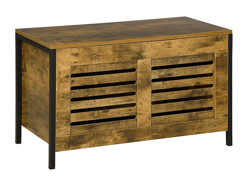 Panca contenitore in stile industriale, truciolato e acciaio, marrone rustico (80x40x49cm)