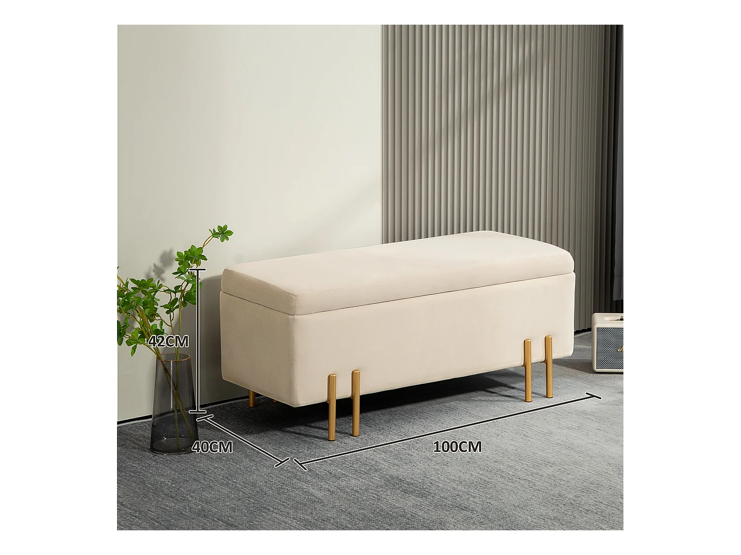 Banc coffre avec rangement, velours et bois, beige (100x40x42 cm)