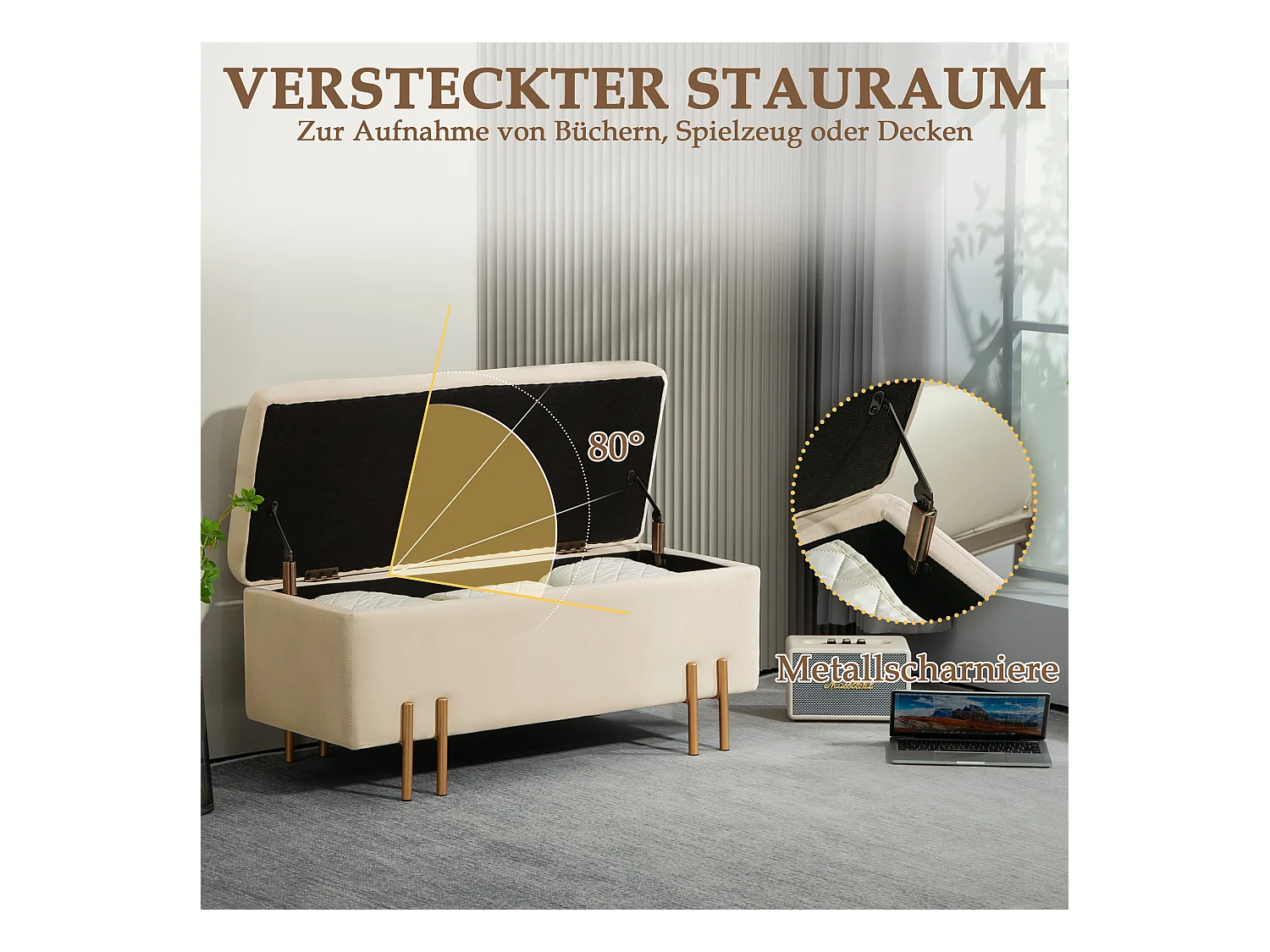 Banc coffre avec rangement, velours et bois, beige (100x40x42 cm)