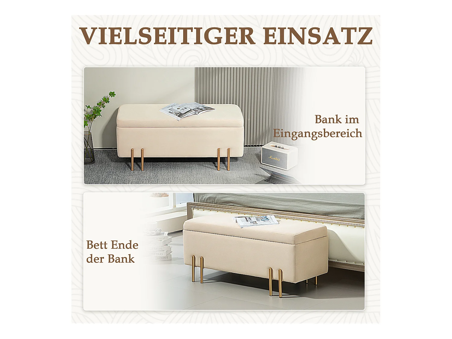 Banc coffre avec rangement, velours et bois, beige (100x40x42 cm)