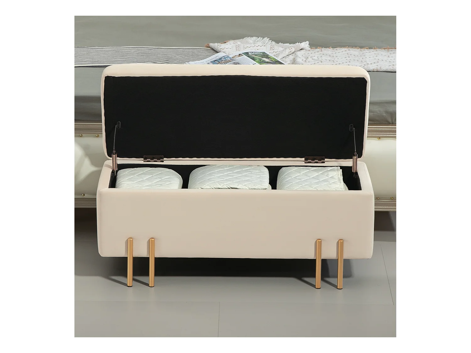 Banc coffre avec rangement, velours et bois, beige (100x40x42 cm)