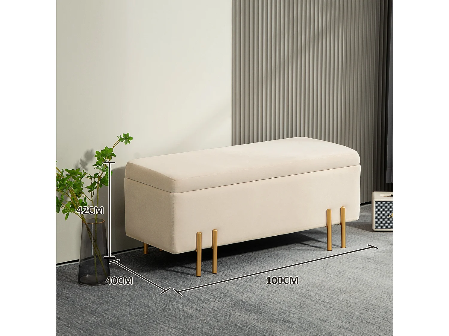 Banc coffre avec rangement, velours et bois, beige (100x40x42 cm)