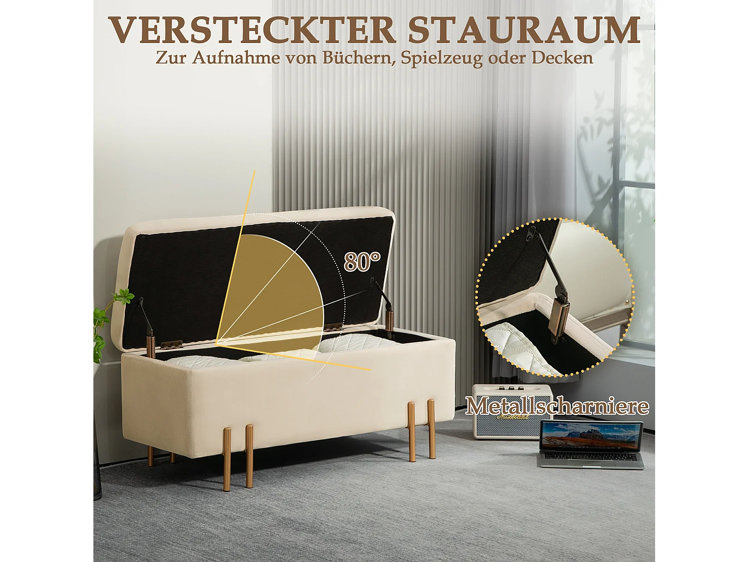 Banc coffre avec rangement, velours et bois, beige (100x40x42 cm)