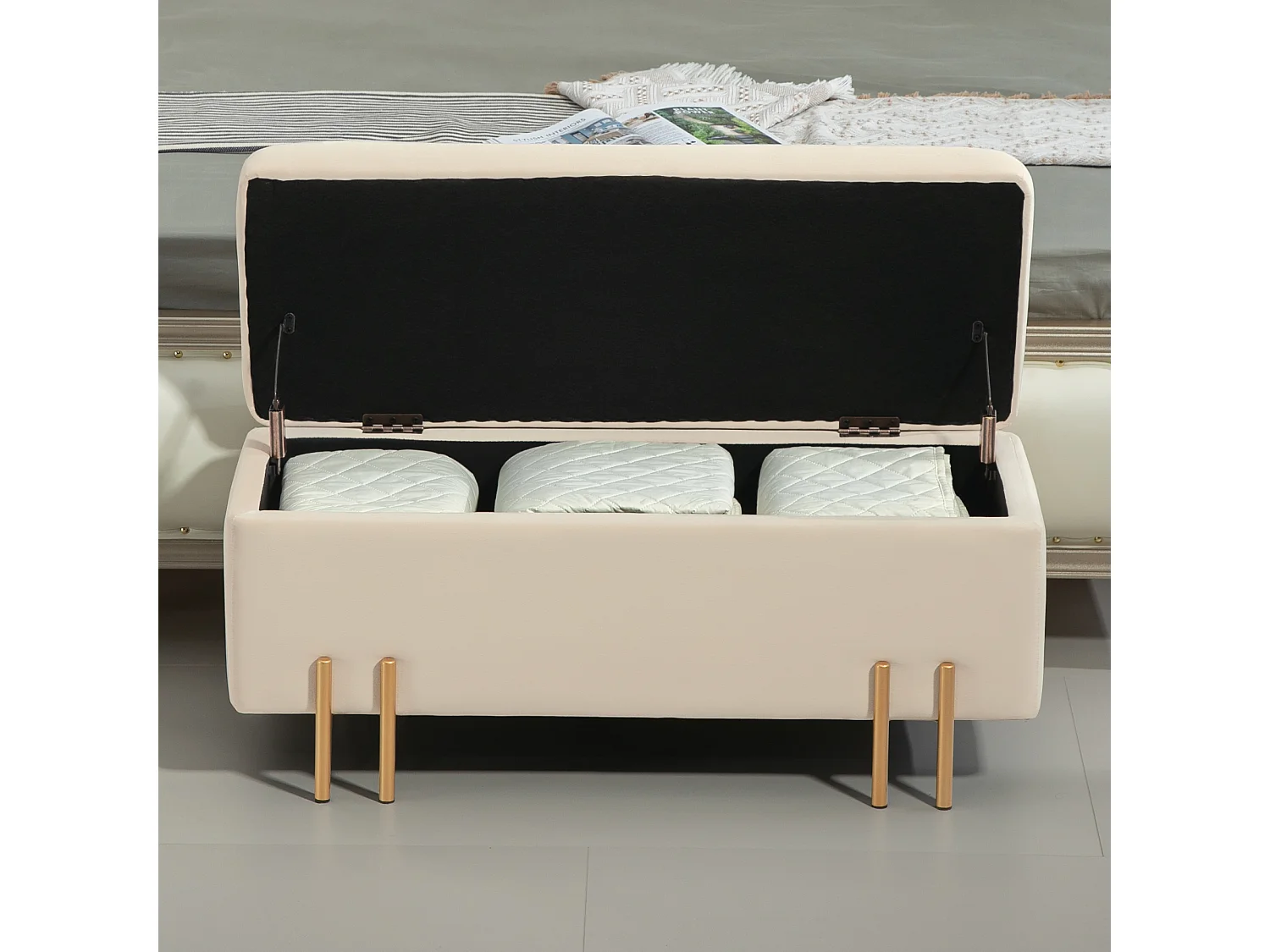 Banc coffre avec rangement, velours et bois, beige (100x40x42 cm)