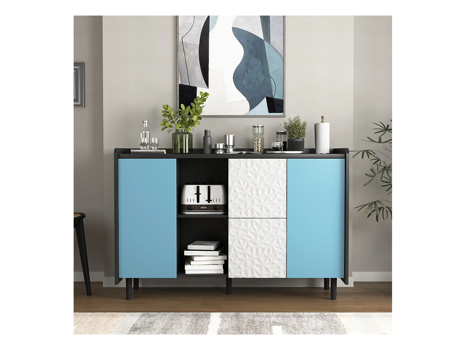 Buffet avec 2 tiroirs, 2 étagères ouvertes et portes bleues, meuble de rangement moderne en MDF noir et bleu (120x40x80 cm)