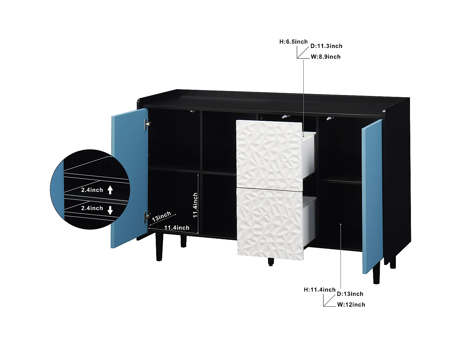 Buffet avec 2 tiroirs, 2 étagères ouvertes et portes bleues, meuble de rangement moderne en MDF noir et bleu (120x40x80 cm)