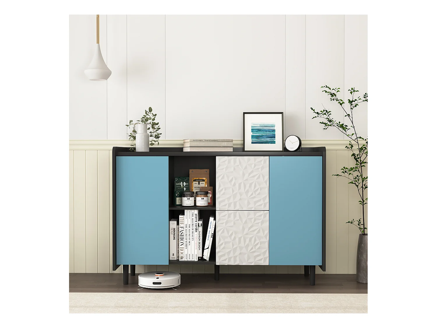 Buffet avec 2 tiroirs, 2 étagères ouvertes et portes bleues, meuble de rangement moderne en MDF noir et bleu (120x40x80 cm)