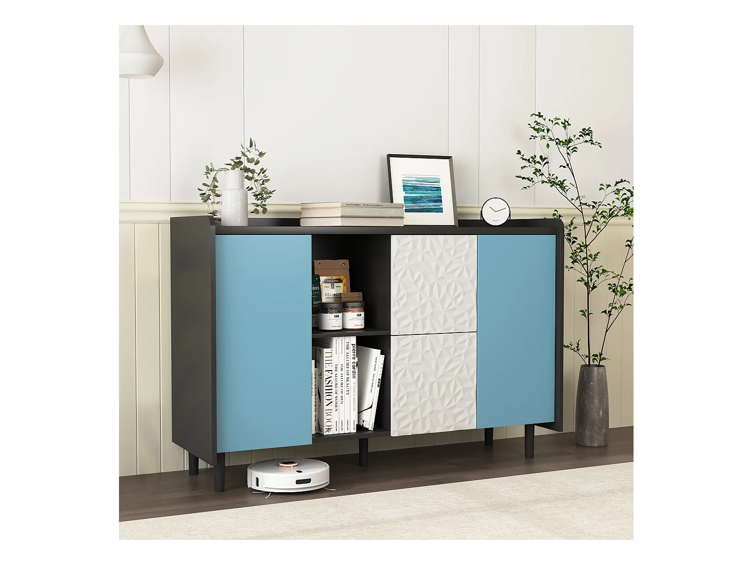 Buffet avec 2 tiroirs, 2 étagères ouvertes et portes bleues, meuble de rangement moderne en MDF noir et bleu (120x40x80 cm)