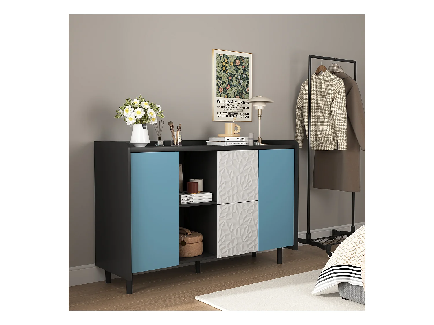 Aparador con 2 cajones, 2 estantes abiertos y puertas azules, moderno mueble de almacenaje en MDF negro y azul (120x40x80 cm)