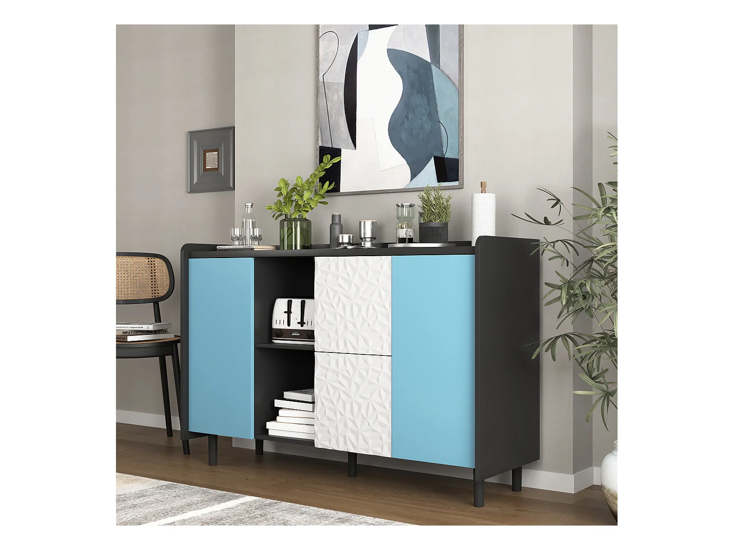 Aparador con 2 cajones, 2 estantes abiertos y puertas azules, moderno mueble de almacenaje en MDF negro y azul (120x40x80 cm)