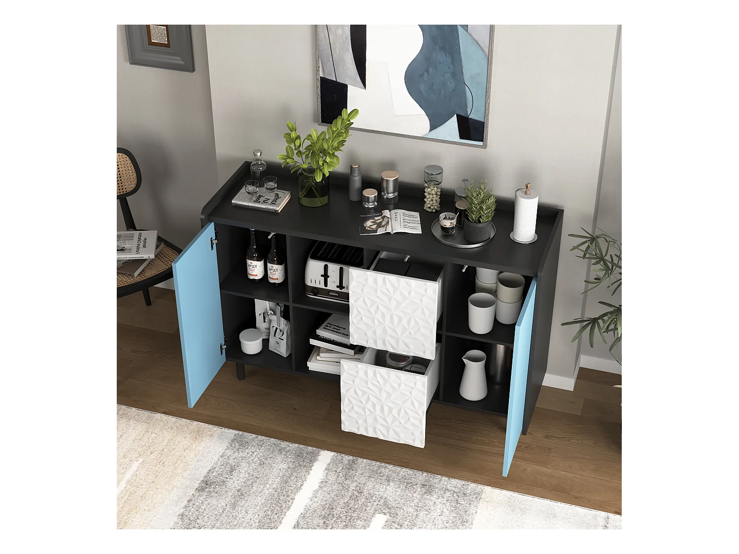 Aparador con 2 cajones, 2 estantes abiertos y puertas azules, moderno mueble de almacenaje en MDF negro y azul (120x40x80 cm)