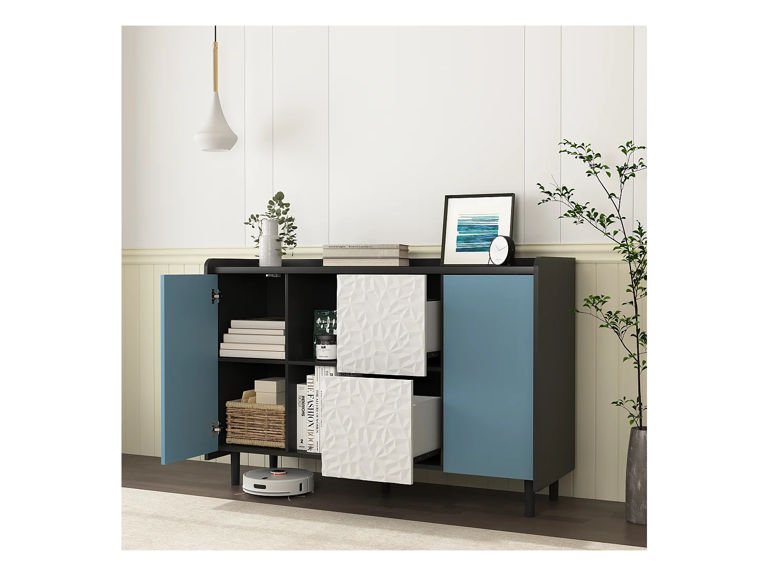 Aparador con 2 cajones, 2 estantes abiertos y puertas azules, moderno mueble de almacenaje en MDF negro y azul (120x40x80 cm)