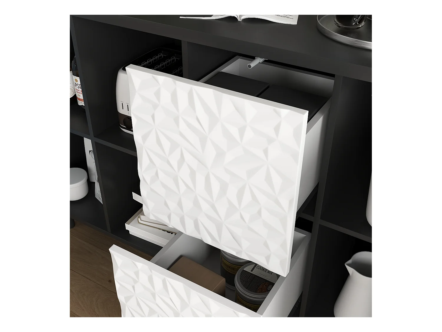 Aparador con 2 cajones, 2 estantes abiertos y puertas azules, moderno mueble de almacenaje en MDF negro y azul (120x40x80 cm)