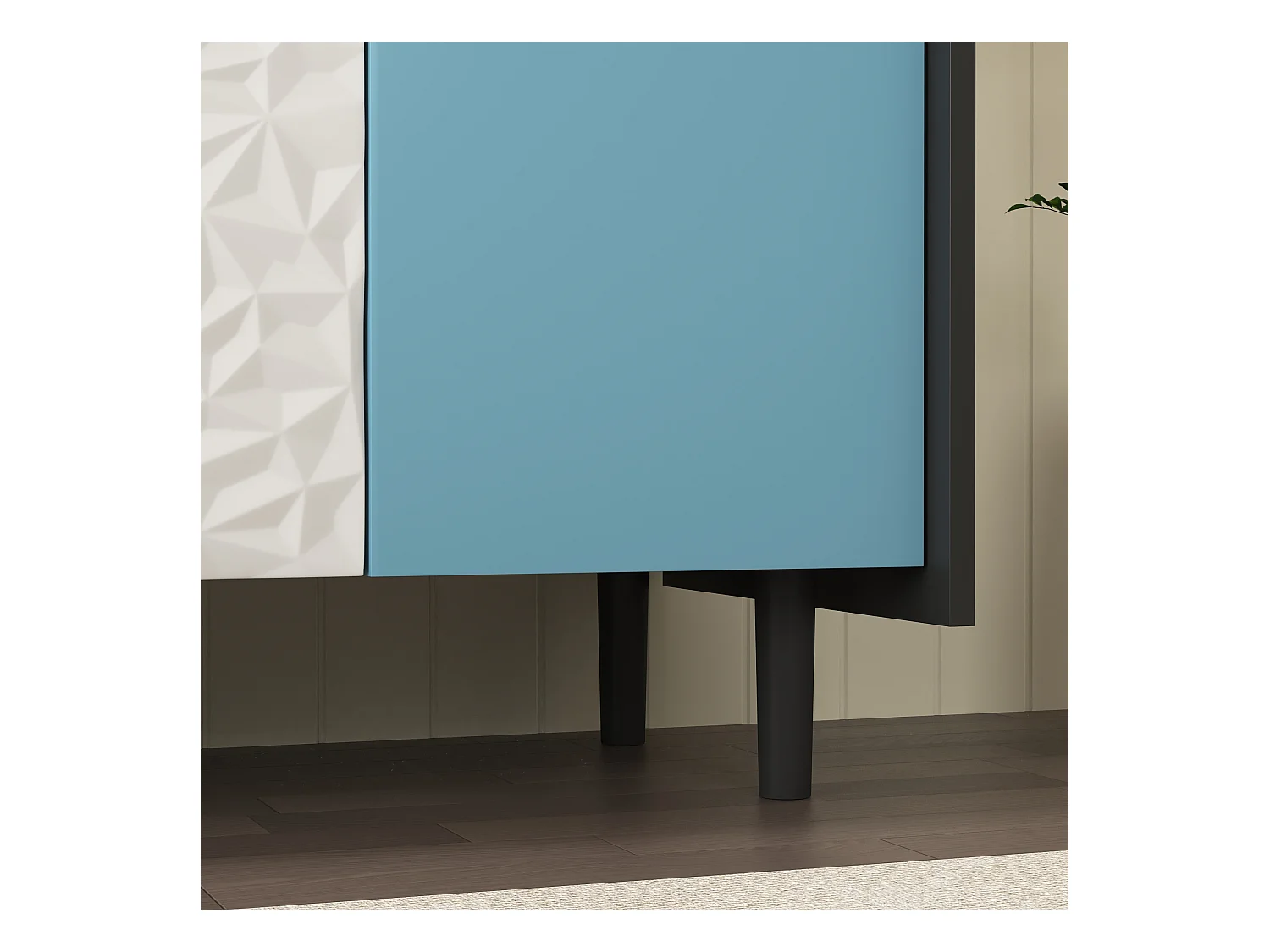 Aparador con 2 cajones, 2 estantes abiertos y puertas azules, moderno mueble de almacenaje en MDF negro y azul (120x40x80 cm)