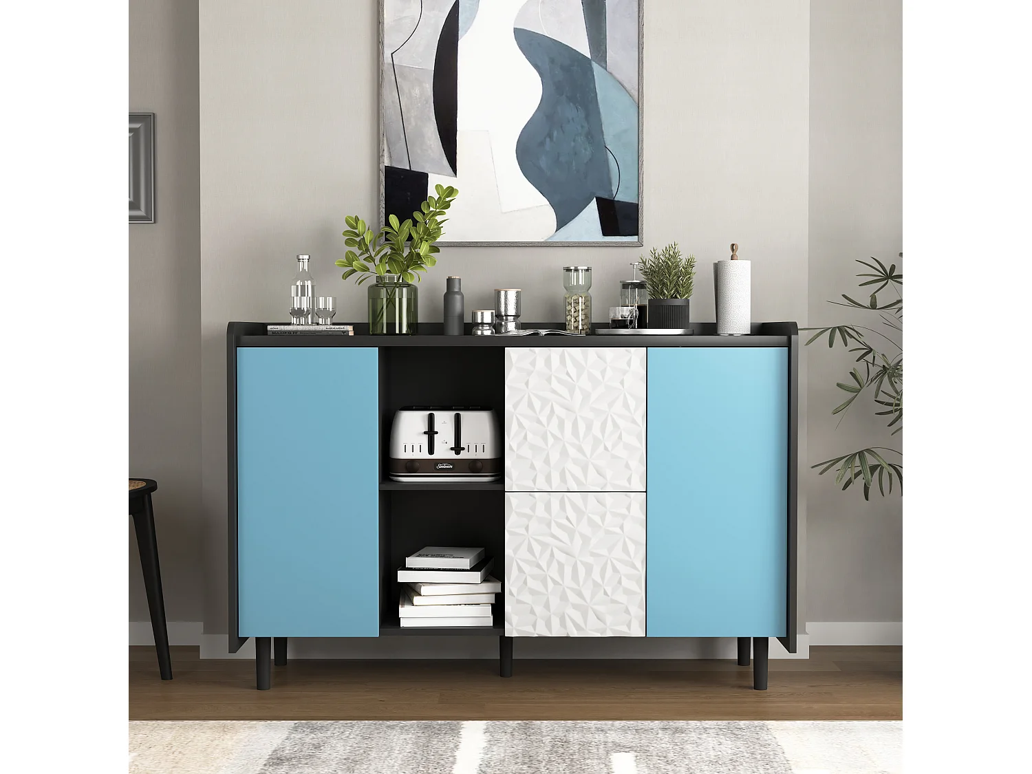 Buffet avec 2 tiroirs, 2 étagères ouvertes et portes bleues, meuble de rangement moderne en MDF noir et bleu (120x40x80 cm)