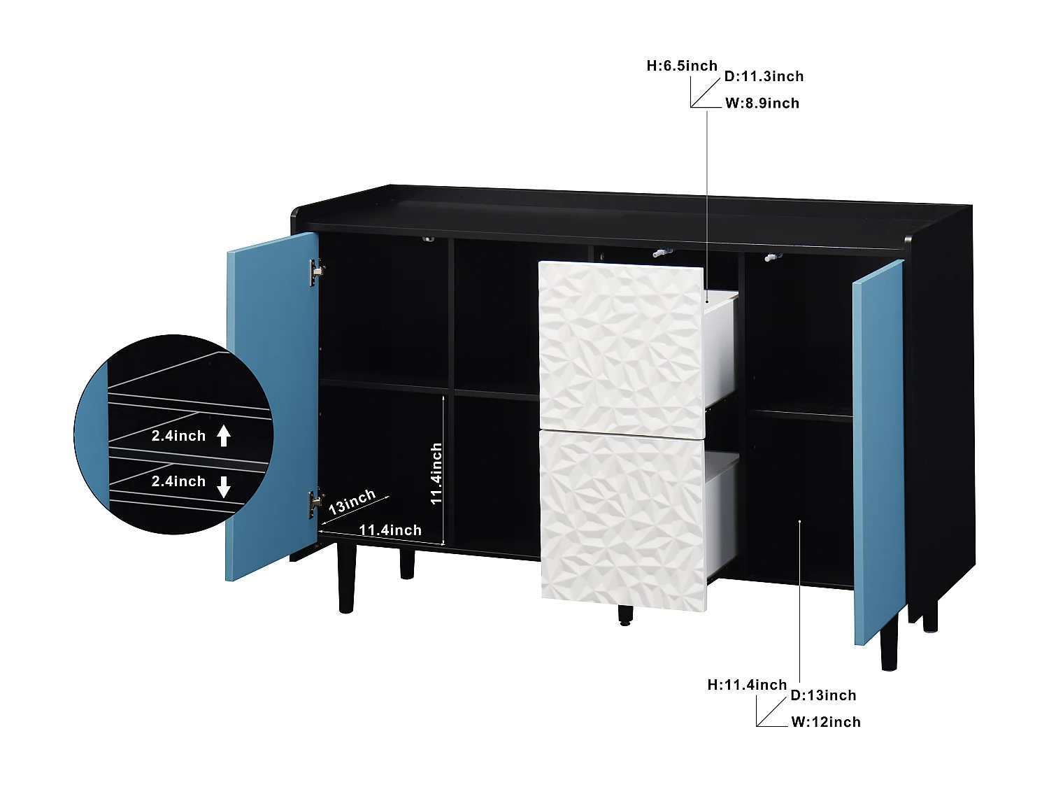Buffet avec 2 tiroirs, 2 étagères ouvertes et portes bleues, meuble de rangement moderne en MDF noir et bleu (120x40x80 cm)