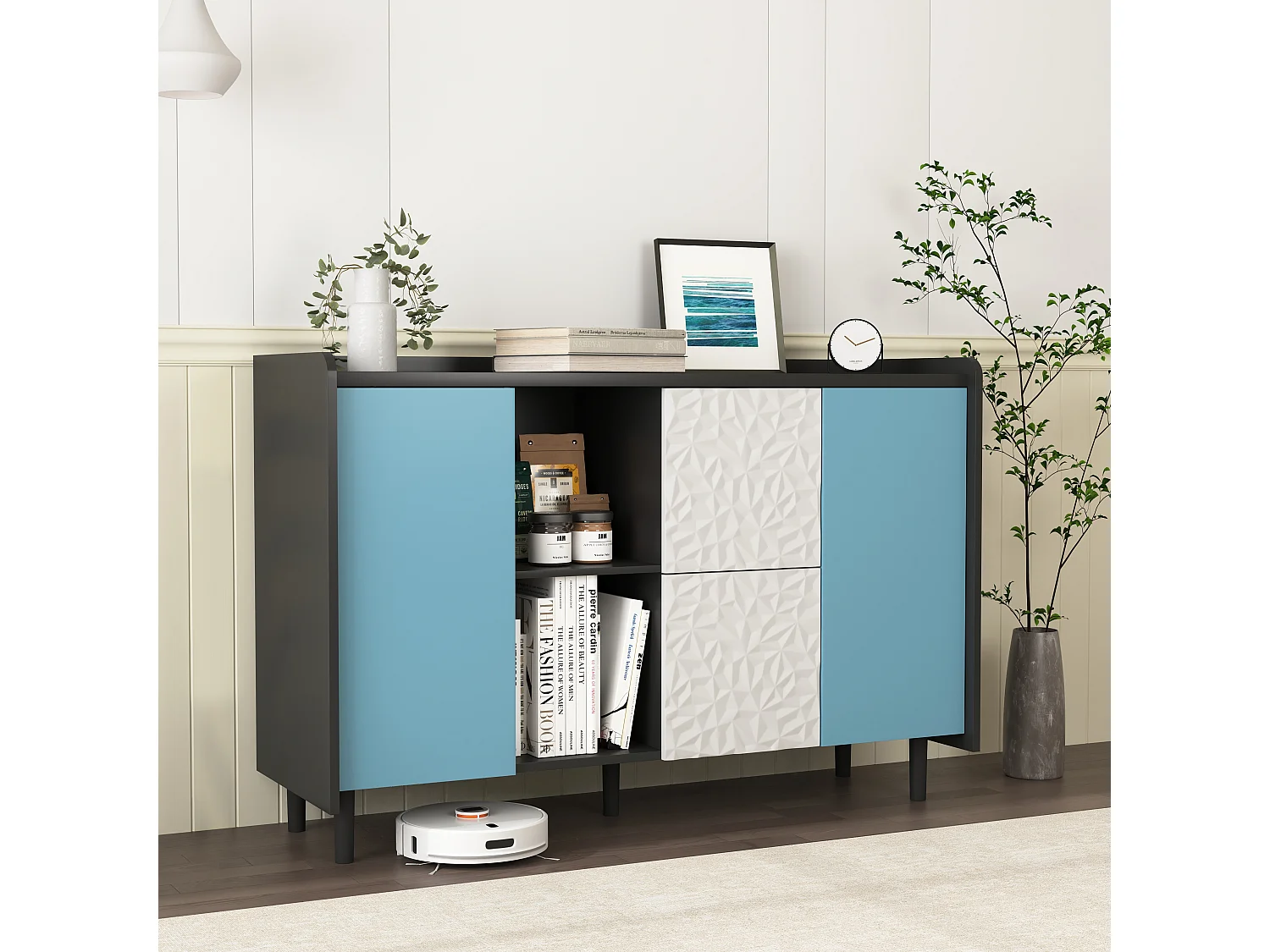 Buffet avec 2 tiroirs, 2 étagères ouvertes et portes bleues, meuble de rangement moderne en MDF noir et bleu (120x40x80 cm)