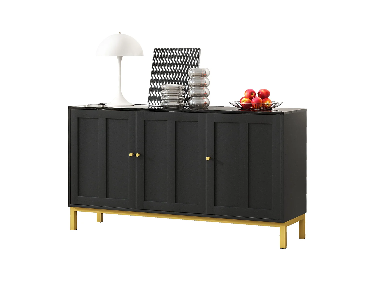 Buffet élégant à 3 portes avec dessus en marbre, MDF, noir (140x40x80 cm)