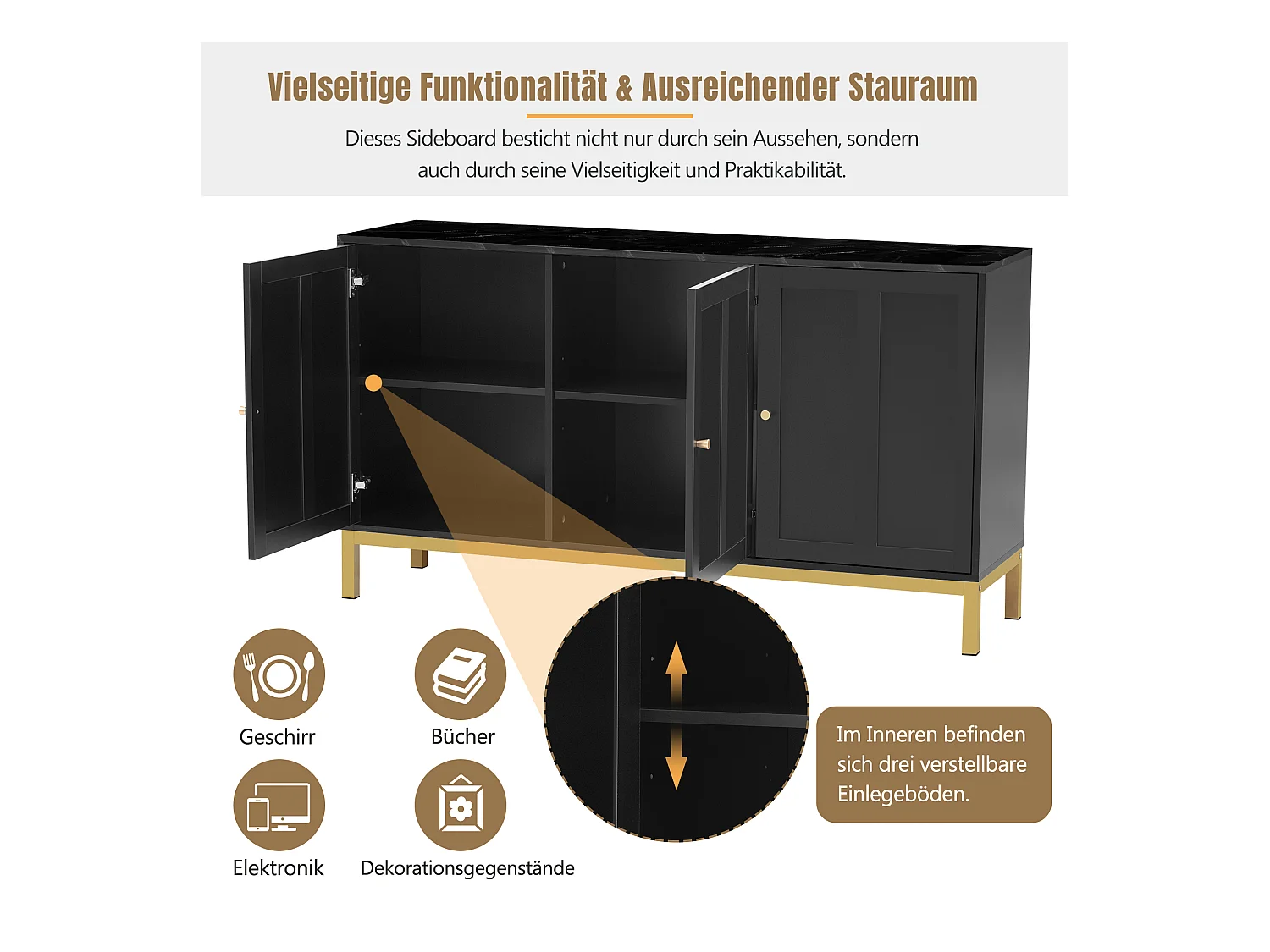 Buffet élégant à 3 portes avec dessus en marbre, MDF, noir (140x40x80 cm)