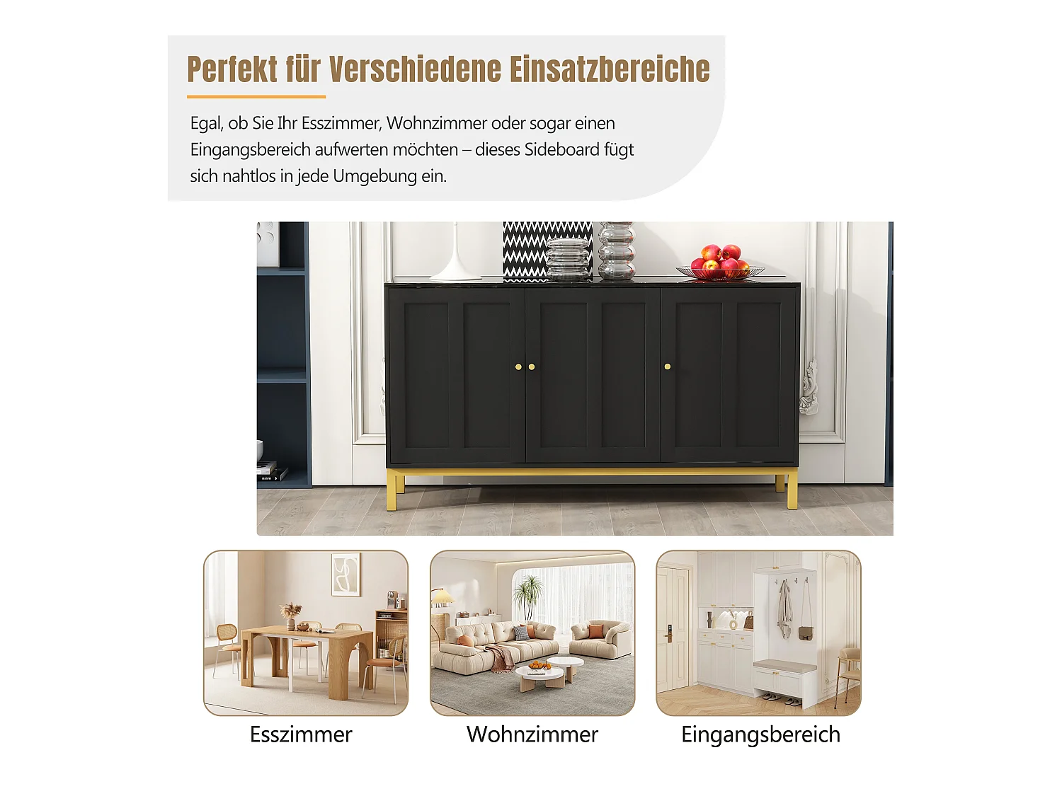 Buffet élégant à 3 portes avec dessus en marbre, MDF, noir (140x40x80 cm)