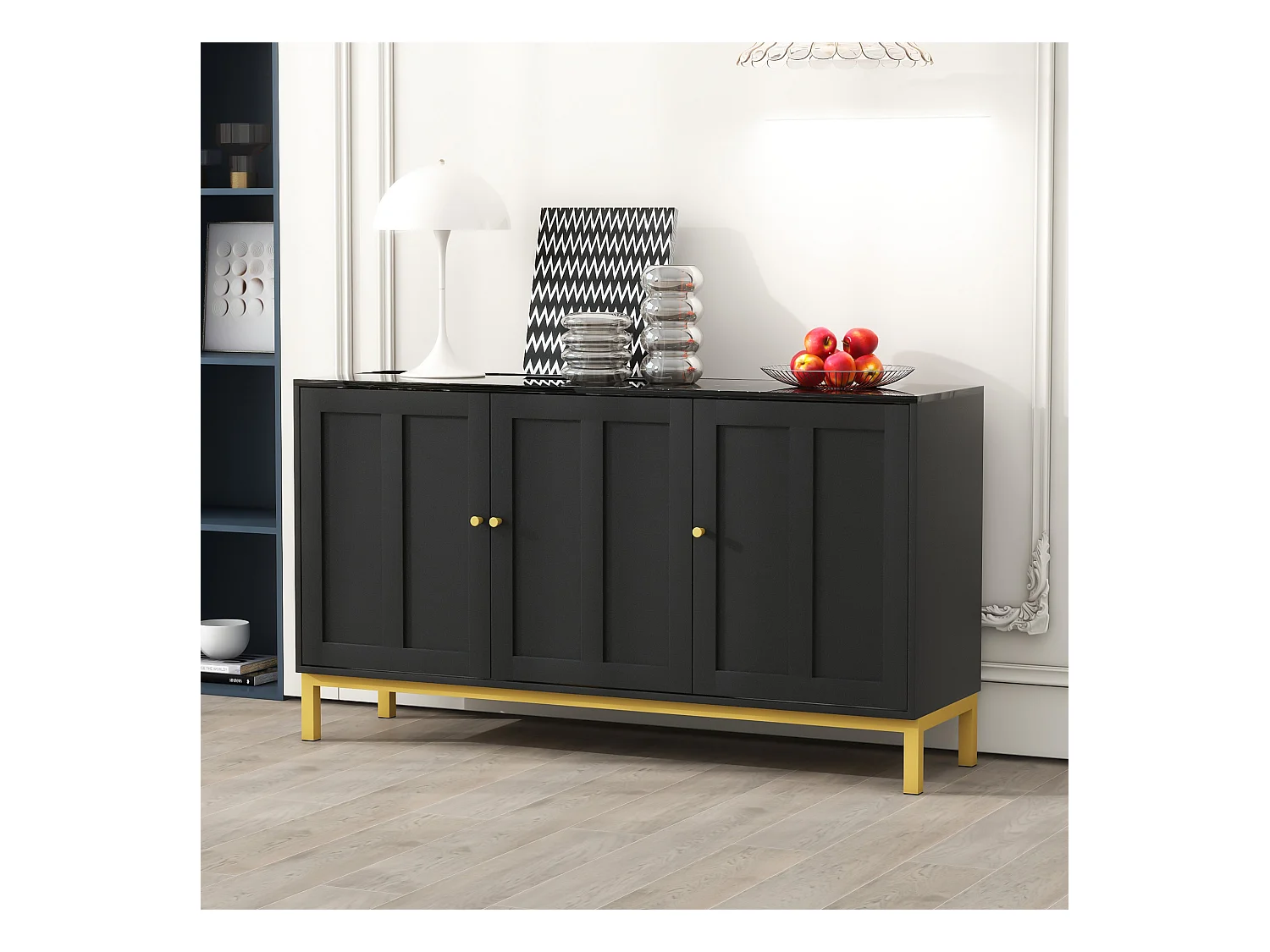 Elegante credenza a 3 ante con piano in marmo, MDF, nero (140x40x80 cm)