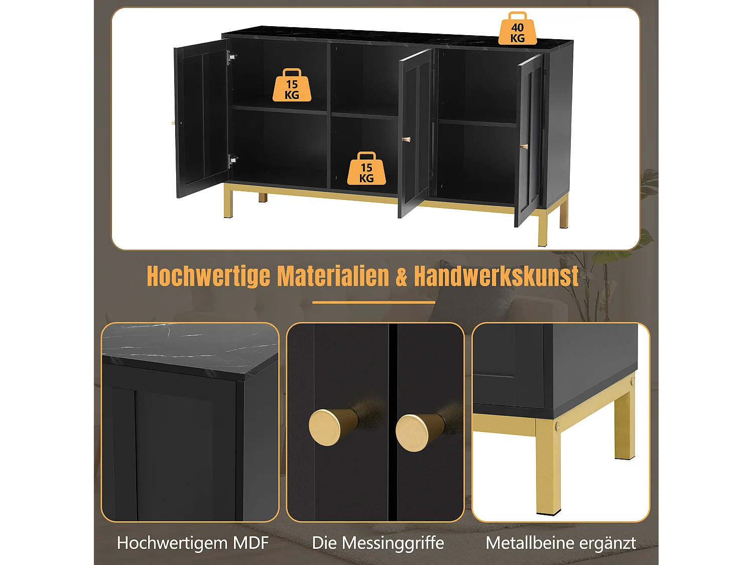 Elegant 3-deurs dressoir met marmeren blad, MDF, zwart (140x40x80 cm)