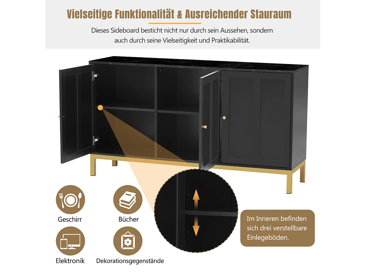 Elegant 3-deurs dressoir met marmeren blad, MDF, zwart (140x40x80 cm)