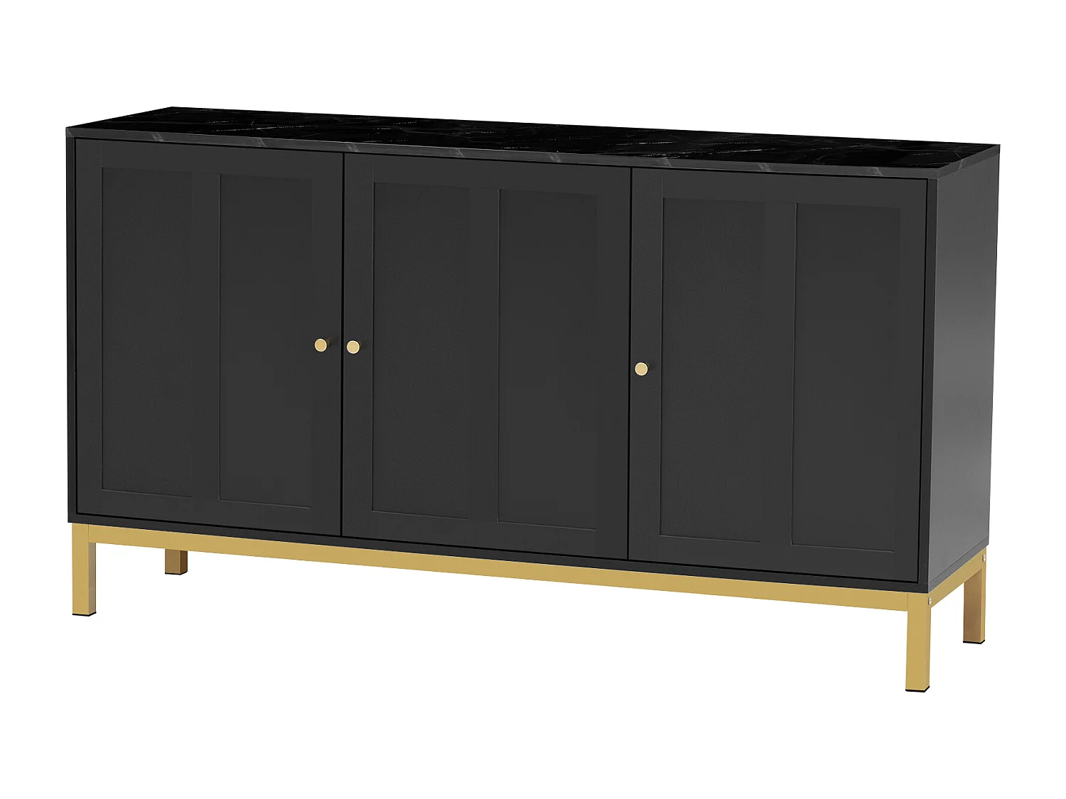 Elegant 3-deurs dressoir met marmeren blad, MDF, zwart (140x40x80 cm)