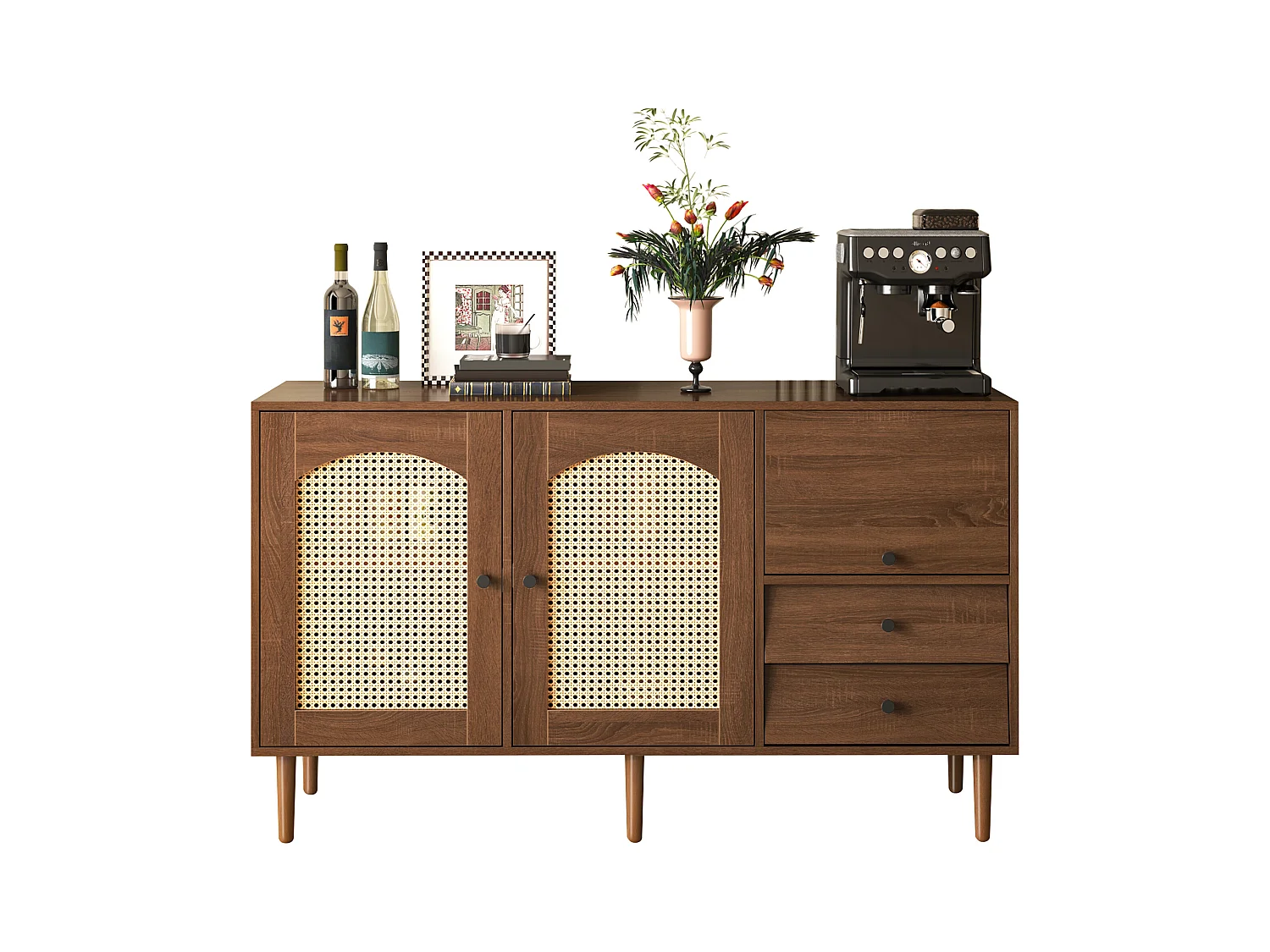 Buffet, design en style campagne, portes en rotin, 3 étagères réglables, panneau de particules, bois naturel (130x40x75.5 cm)