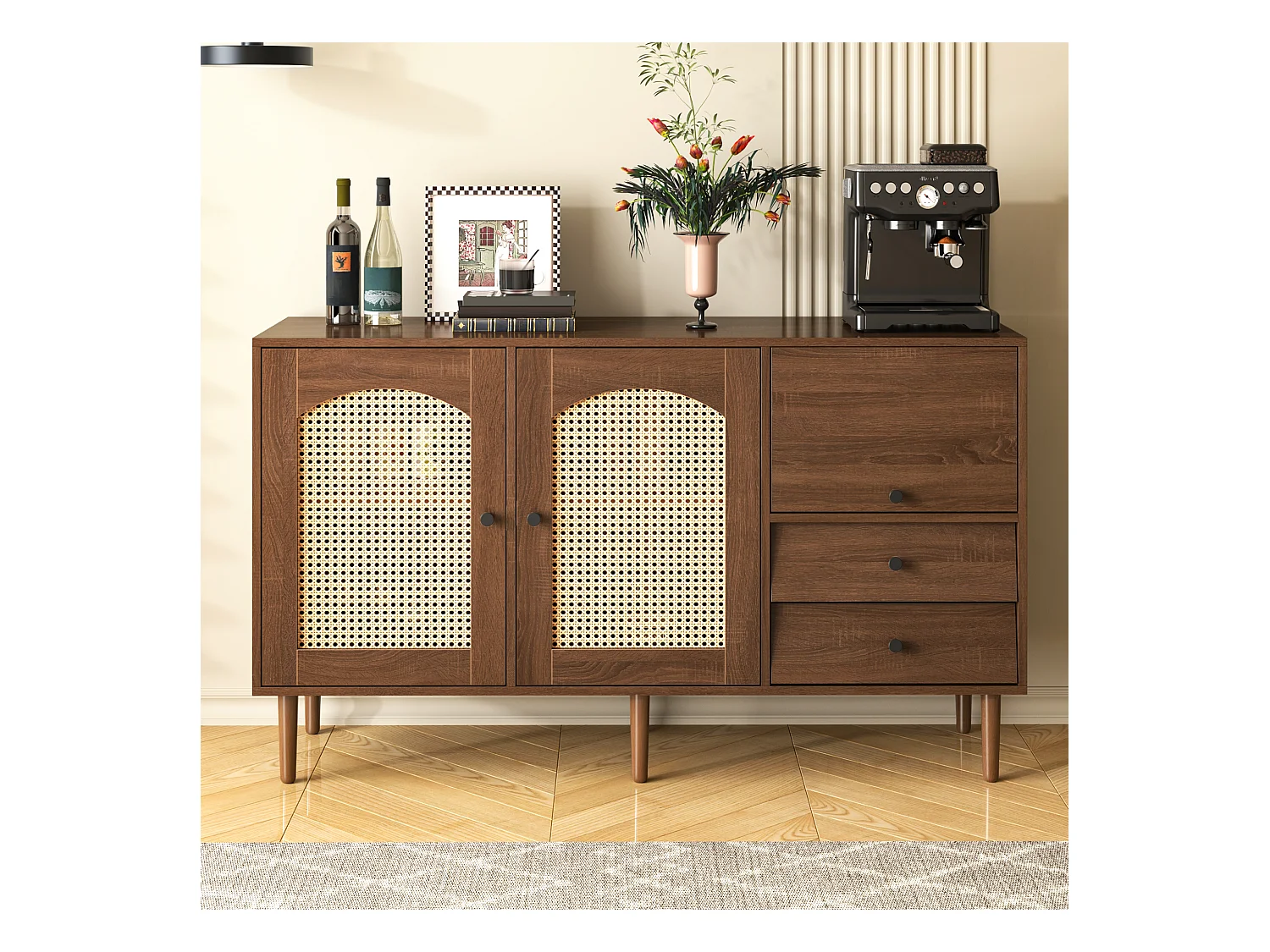 Buffet, design en style campagne, portes en rotin, 3 étagères réglables, panneau de particules, bois naturel (130x40x75.5 cm)