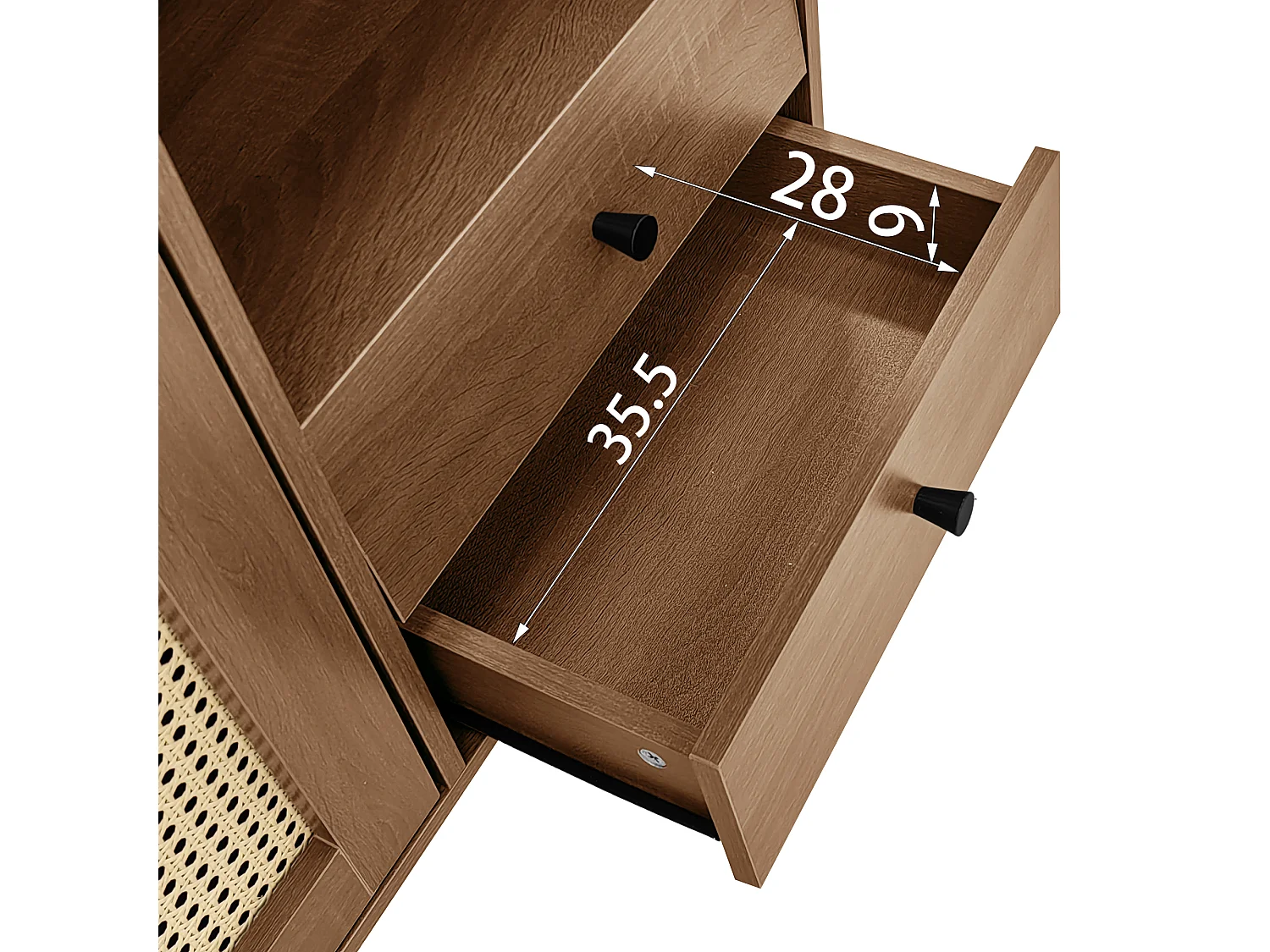 Buffet, design en style campagne, portes en rotin, 3 étagères réglables, panneau de particules, bois naturel (130x40x75.5 cm)