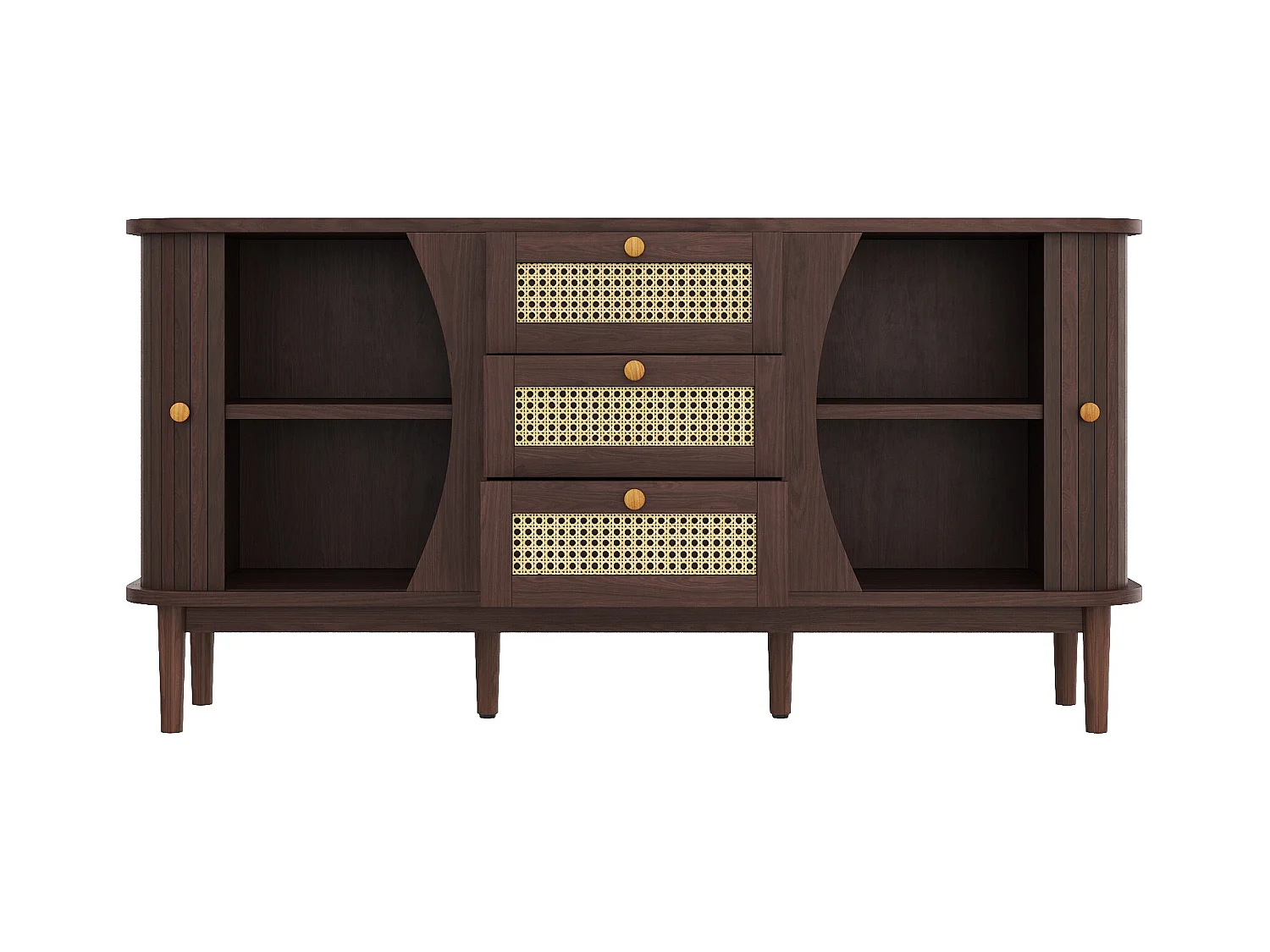 Buffet en bois avec 3 portes coulissantes en rotin, 2 tiroirs, étagères réglables (140.5x40x76 cm)