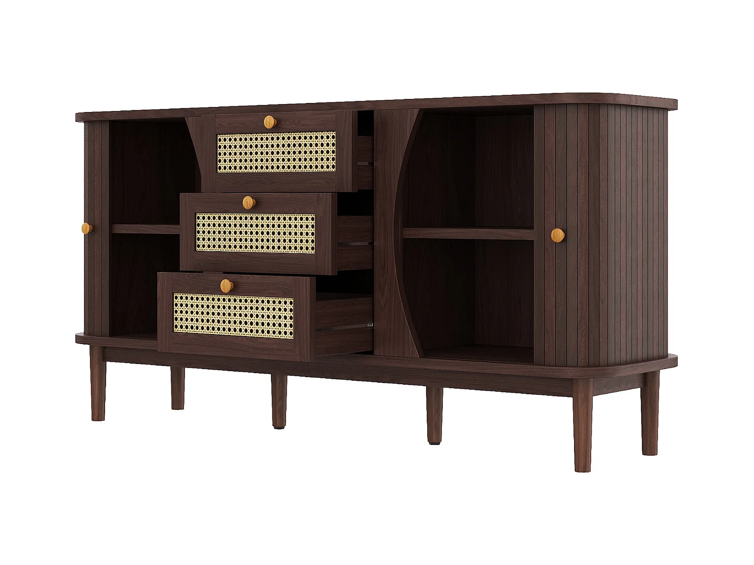 Buffet en bois avec 3 portes coulissantes en rotin, 2 tiroirs, étagères réglables (140.5x40x76 cm)