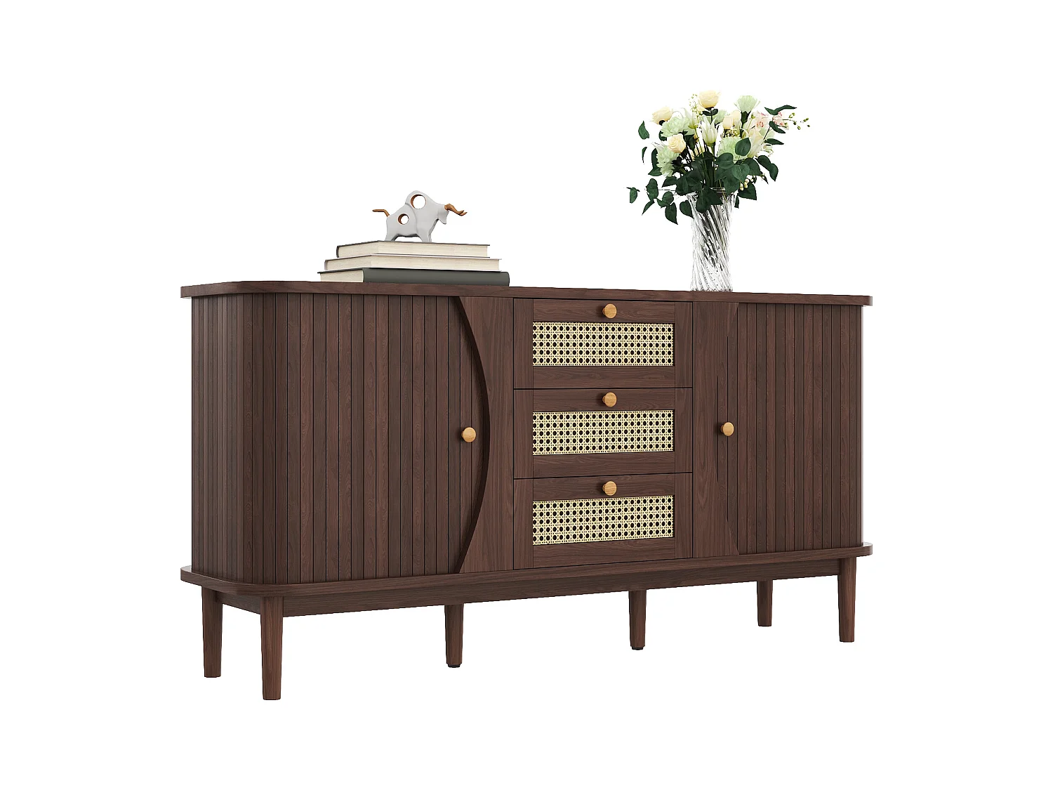 Buffet en bois avec 3 portes coulissantes en rotin, 2 tiroirs, étagères réglables (140.5x40x76 cm)