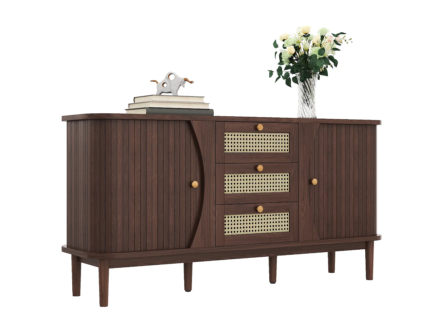 Buffet en bois avec 3 portes coulissantes en rotin, 2 tiroirs, étagères réglables (140.5x40x76 cm)