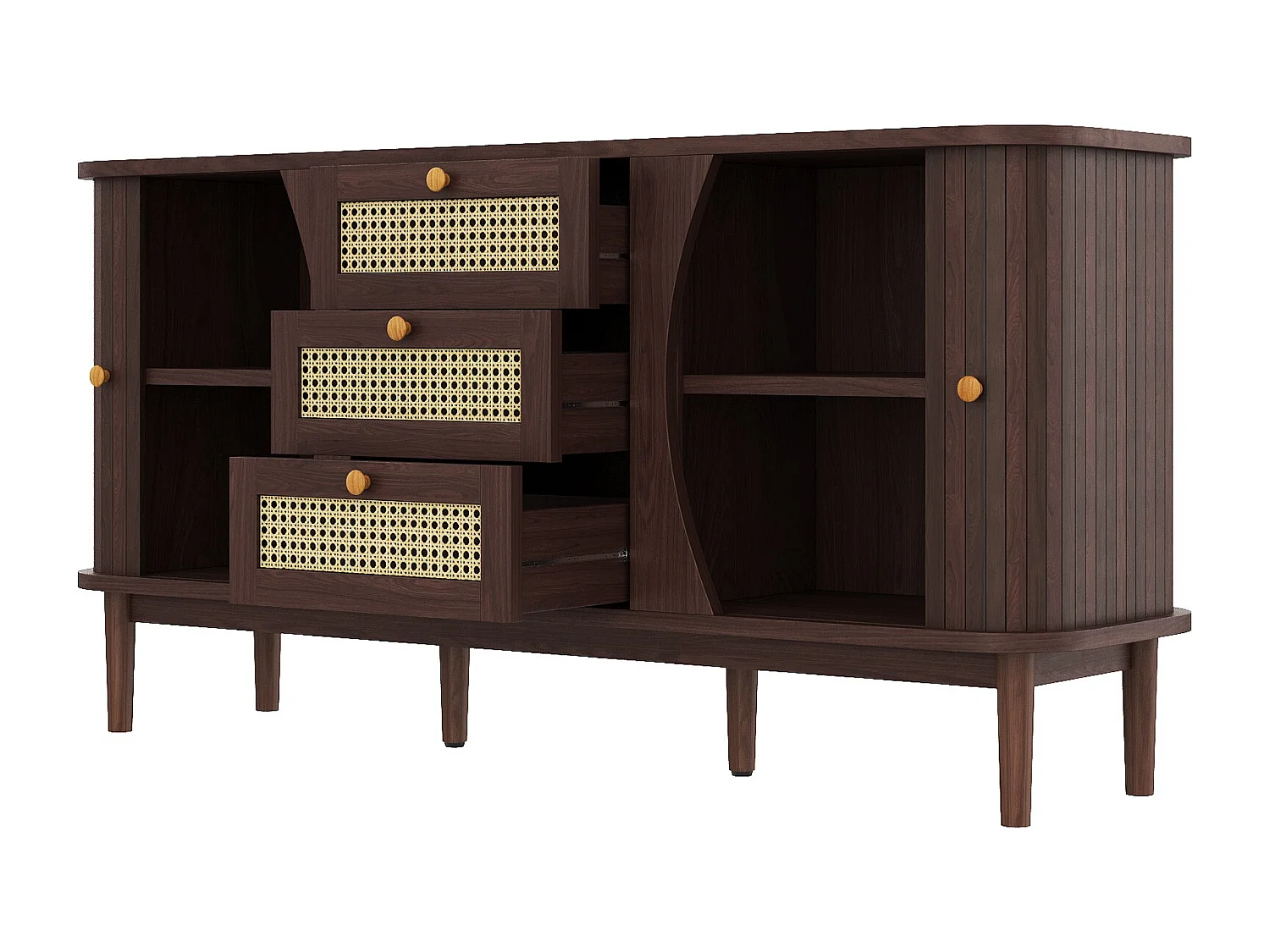 Buffet en bois avec 3 portes coulissantes en rotin, 2 tiroirs, étagères réglables (140.5x40x76 cm)