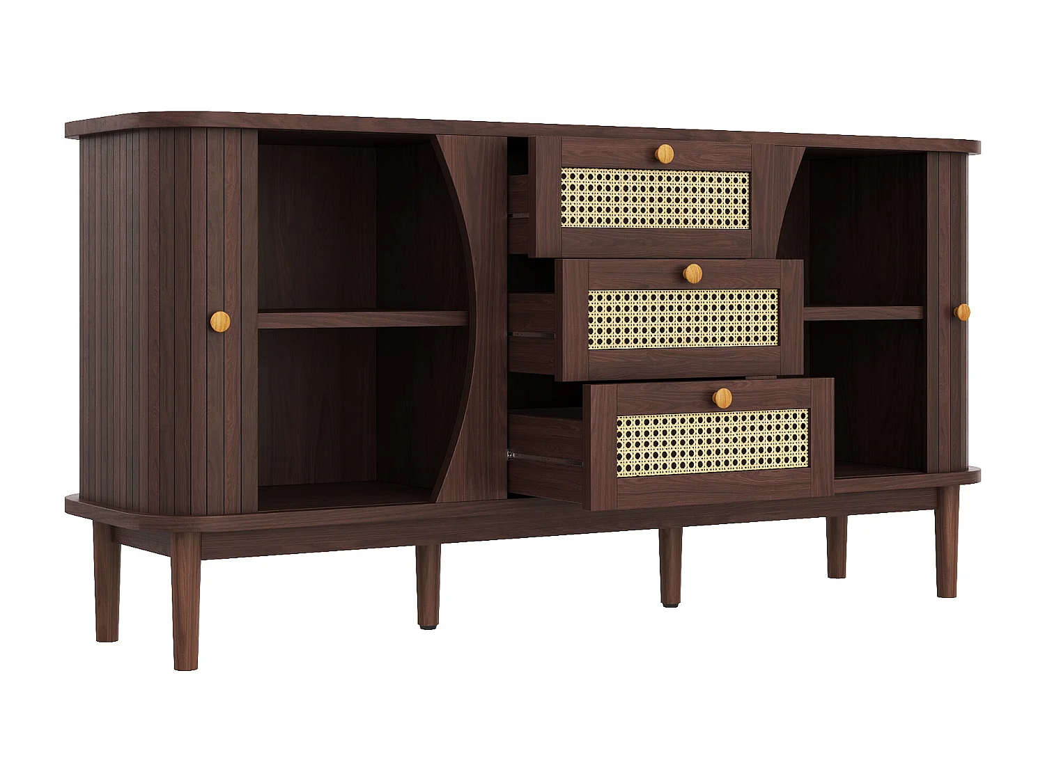 Buffet en bois avec 3 portes coulissantes en rotin, 2 tiroirs, étagères réglables (140.5x40x76 cm)