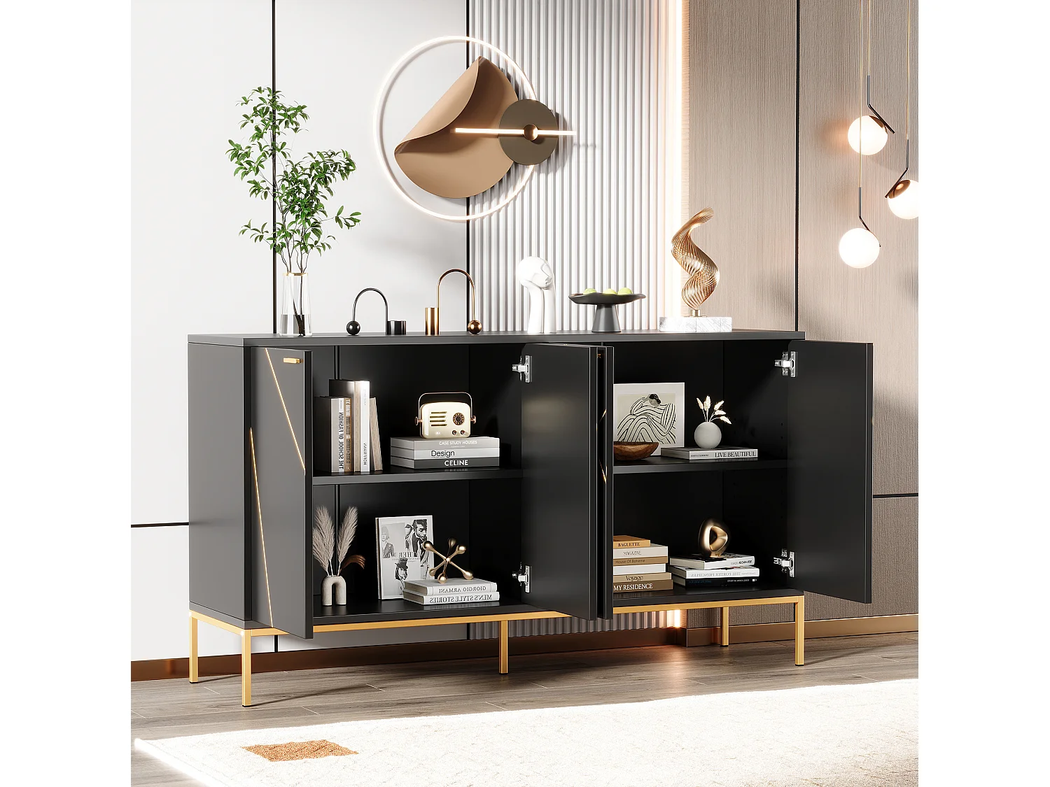Buffet 4 portes, pieds en métal, MDF, noir+or (150x40x80 cm)