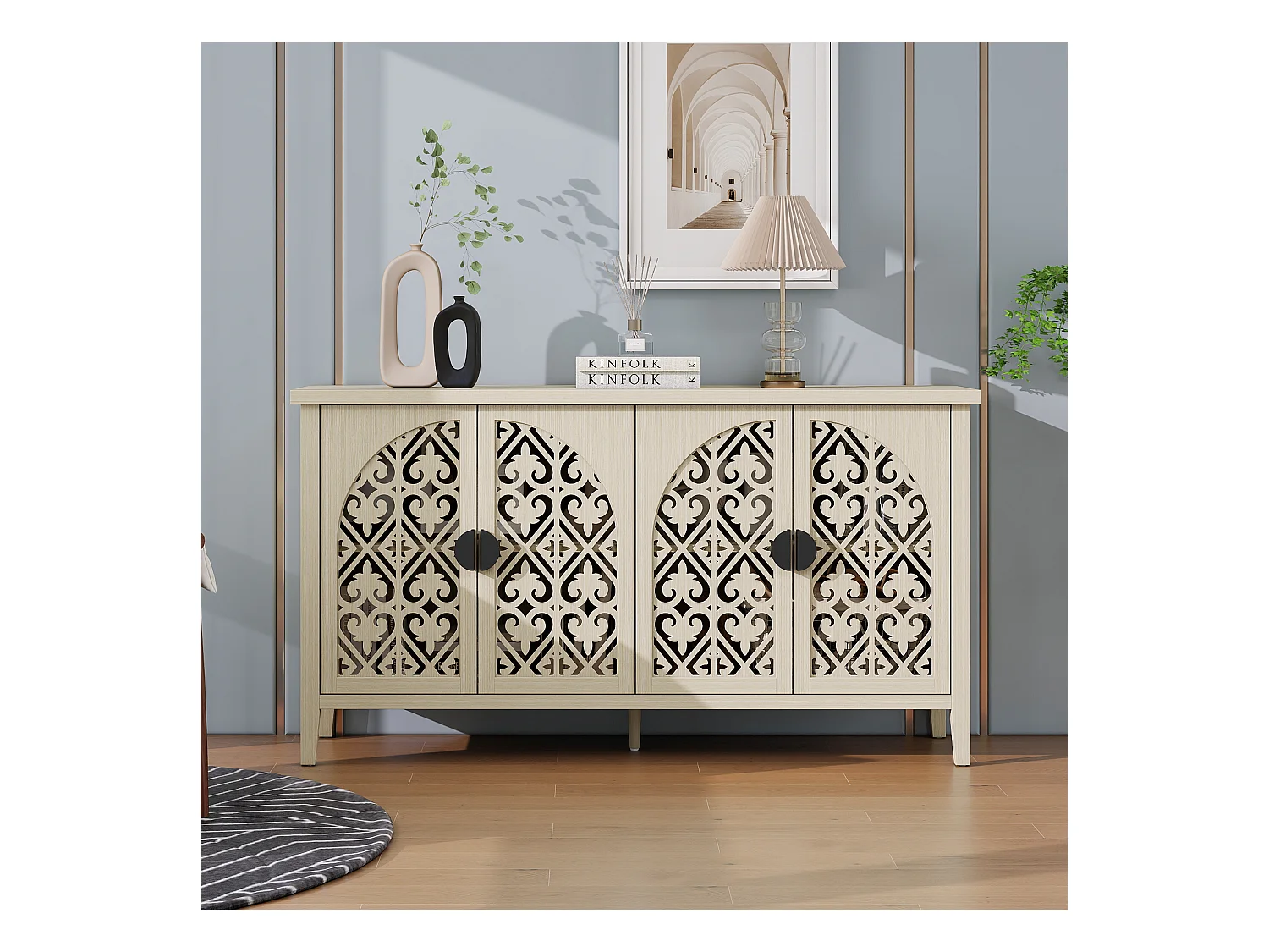 Buffet 4 portes en bois naturel, design perforé, 3 étagères réglables, MDF, naturel (147.6x40x80 cm)